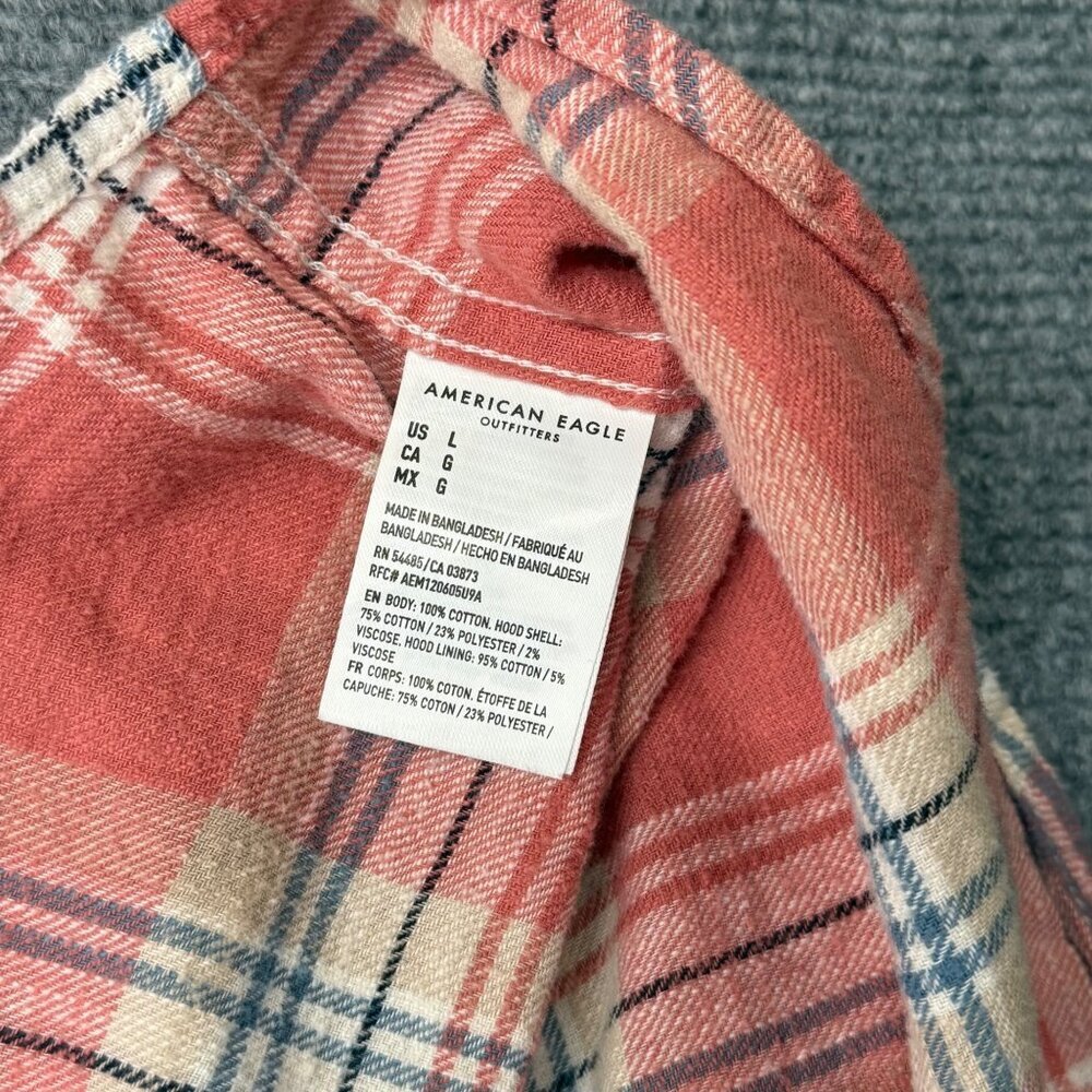 American Eagle Mens L Plaid Flannel Shirt Shacket Removeable Hood Cabincore Red - Picture 10 of 13